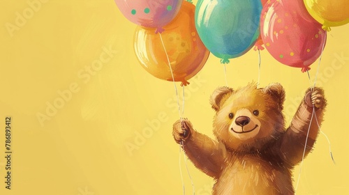 Cheerful bear clutching colorful birthday balloons, joy radiating against a soft yellow background