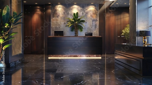 An elegant corporate reception area with sleek furnishings and tasteful decor, providing a warm and professional welcome to visitors and guests entering  photo