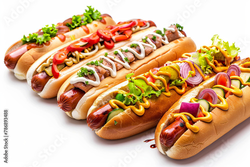 Set of delicious hot dogs, white background.