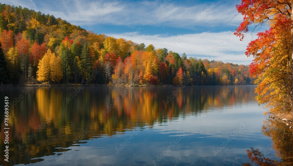 A photo of colorful trees by a lake.

