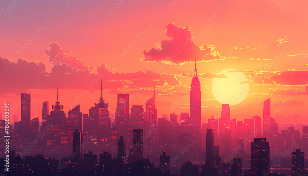 City skyline with sun shining through clouds at sunset