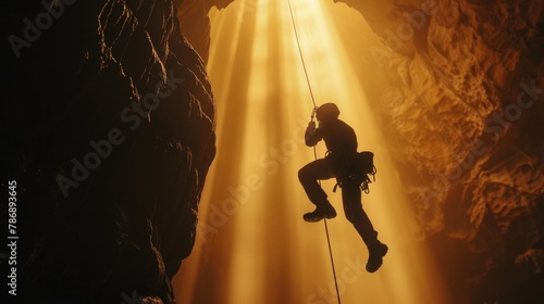 Cave explorer rappelling into the abyss, underground wonders, adventure and speleology