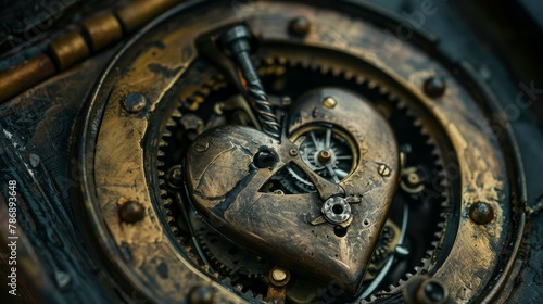 Clockwork heart beating within an open chest, times lifeblood, mechanical emotion