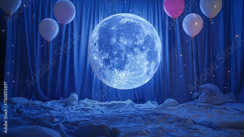 Design a captivating DIY giant moon with floating balloons on a solid backdrop, creating an enchanting night sky illusion