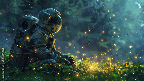 Astronaut on the grass on the sky background photo