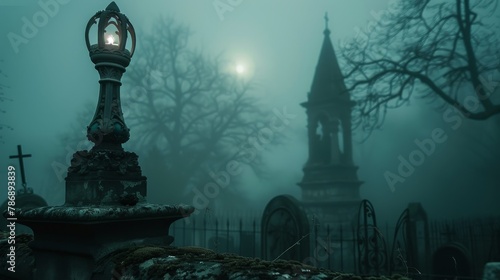 Ornate gothic podium in a misty graveyard at twilight, for Halloweenthemed products