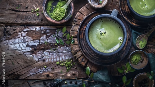 hot matcha latte on a rustic wooden table, food photography, 16:9