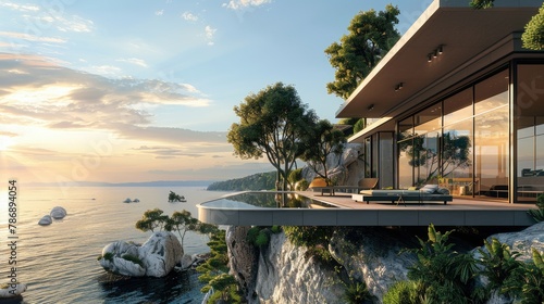 Illustrate a 3D view of a modern house exterior, with a focus on the integration of design elements that harmonize with a scenic sea and a backdrop of a clear, blue sky.