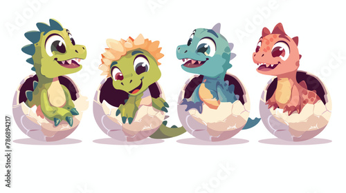 Cute baby dinosaurs hatching from egg set. Funny smiling