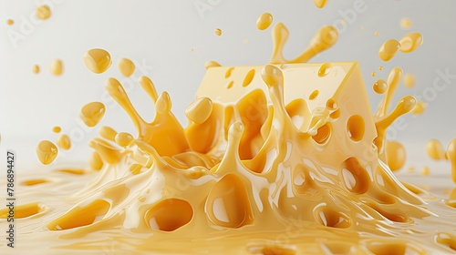 Illustrate an appetizing 3D view of isolated cheese splashes on a clean white background