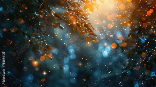 Blurry and filtered image capturing light burst amidst trees with glitter bokeh lights