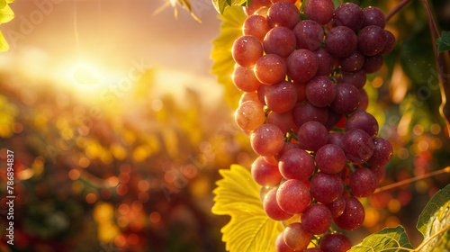 Closeup of grapes in a vineyard, early morning