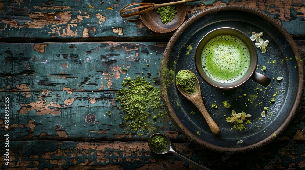 hot matcha latte on a rustic wooden table, food photography, 16:9 hot matcha latte on a rustic wooden table, food photography, 16:9