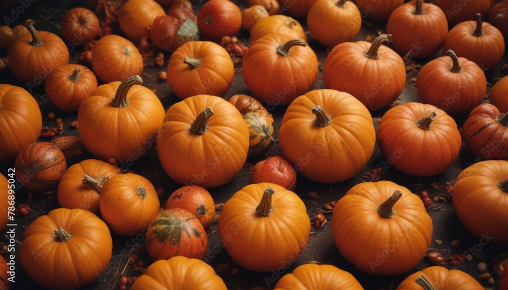 Thanksgiving pumpkins with fruits and falling leaves Thanksgiving pumpkins with fruits and falling leaves