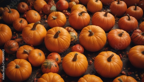 Thanksgiving pumpkins with fruits and falling leaves