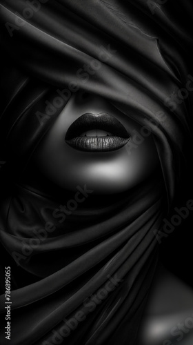 Black and white photo of a woman obscured and wrapped in cloth