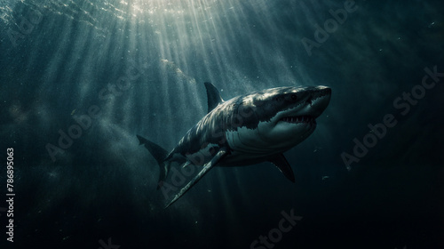 Great White shark swimming with beams of light shining from the surface