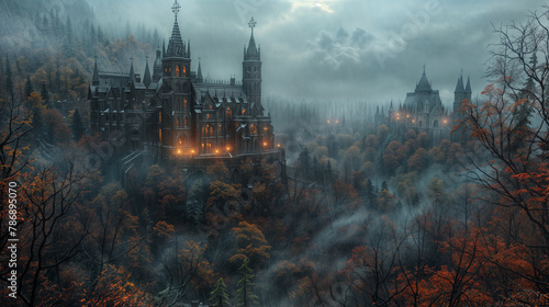 Large gothic style castles in a foggy forest