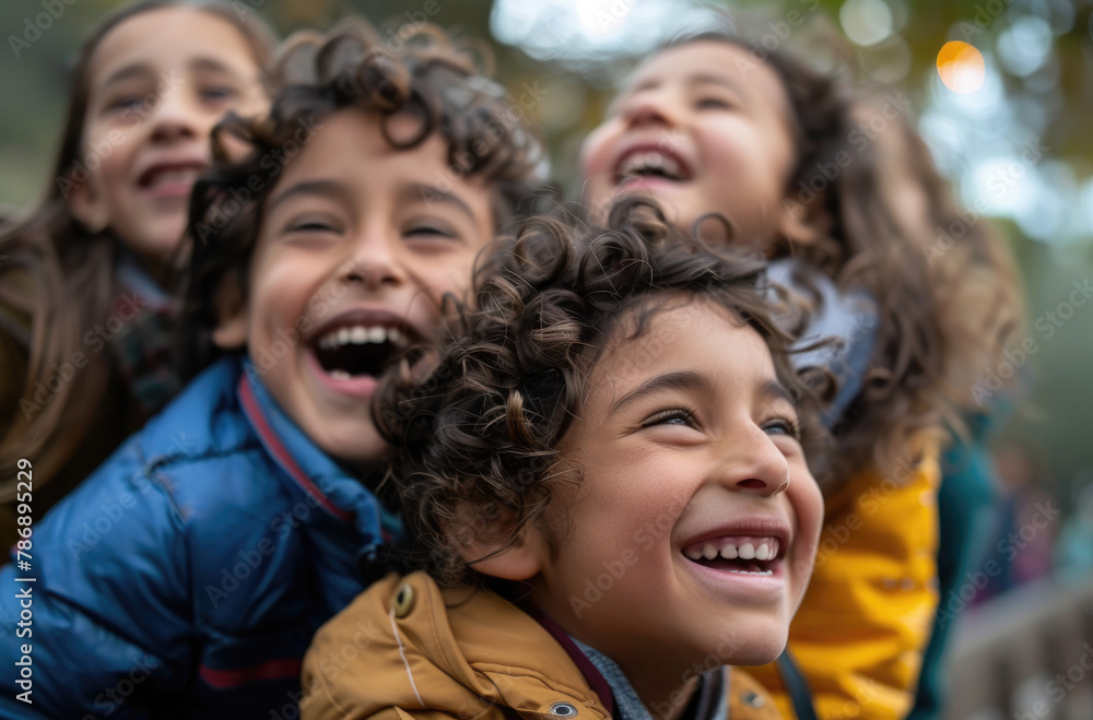 happy group of multiethnic children looking at the camera and smiling in the park