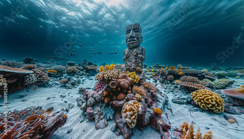 Underwater statue surrounded by coral and ocean life © Rajko