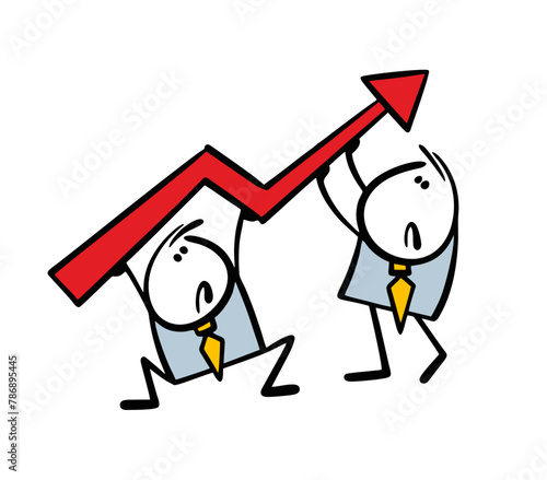 Two businessmen in the office hardly raise red arrow, increase profits. Vector illustration of a business team working. Isolated cartoon character on white background.
