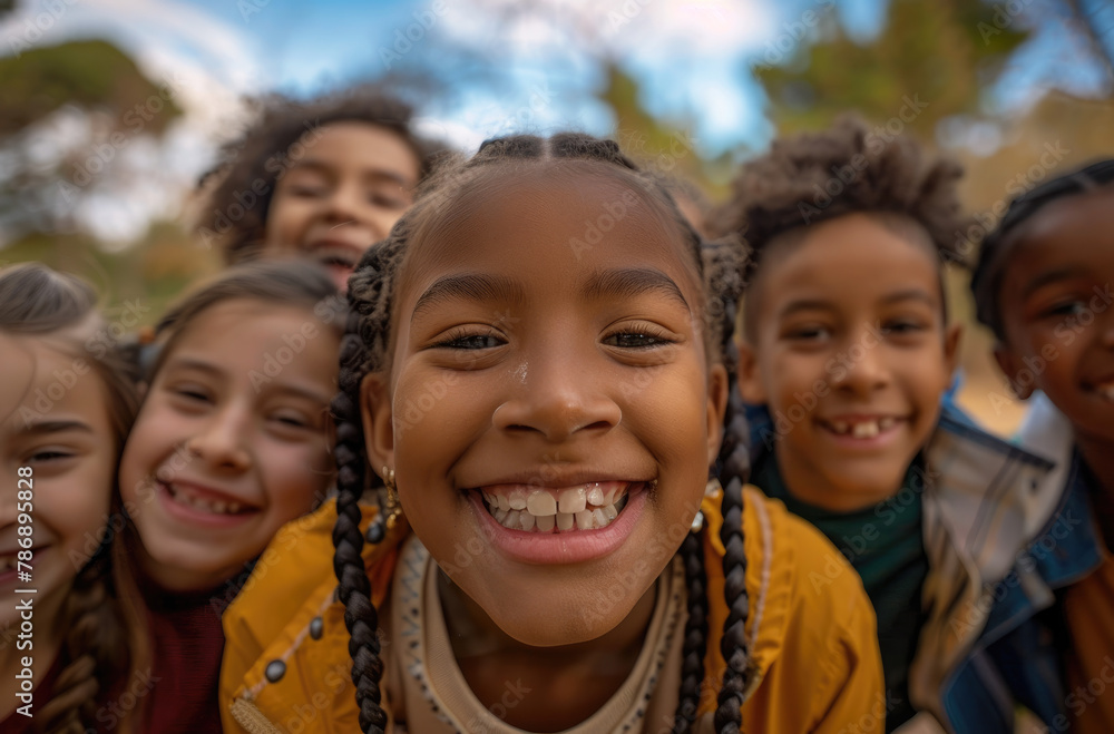 happy group of multiethnic children looking at the camera and smiling in the park