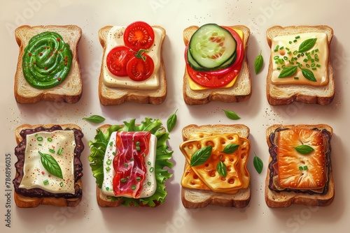 Set of different sandwiches in vector style, top view.
