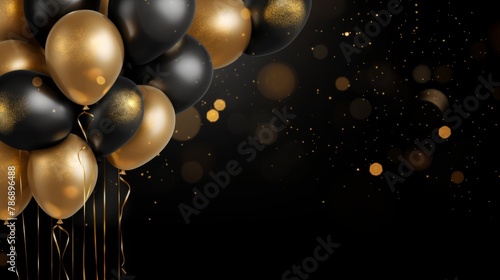 Gold balloons on dark black blurred background with bokeh lights. Celebration festive birthday wedding party banner illustration greeting card.