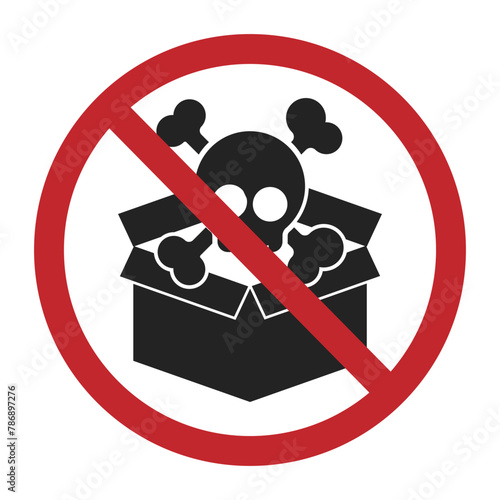 Isolated prohibition sign for danger item on opened cardboard with skeleton for risk and not allow shipment label