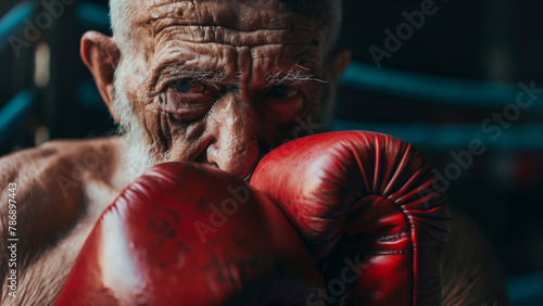 Boxing gloves on a old man Close-up.