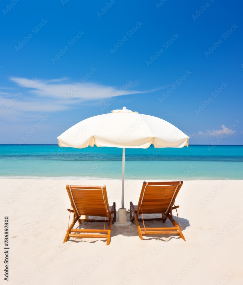 Two lounge chairs under an umbrella on a sandy beach by the ocean