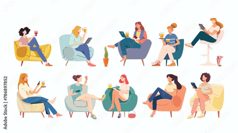 Female friends spending time together set. Women people