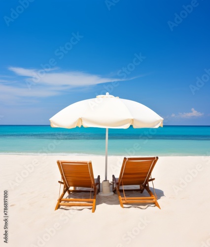 Two lounge chairs under an umbrella on a sandy beach by the ocean