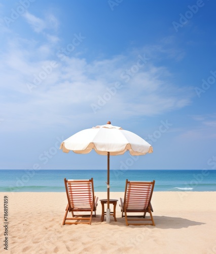 Two empty chairs and an umbrella set up on a sandy beach by the ocean under a clear blue sky