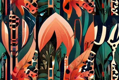 Tropical art nouveu, art deco print design with leaves and leopard. Generative AI photo