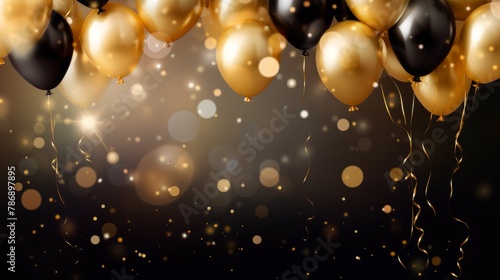 Gold balloons on dark black blurred background with bokeh lights. Celebration festive birthday wedding party banner illustration greeting card.