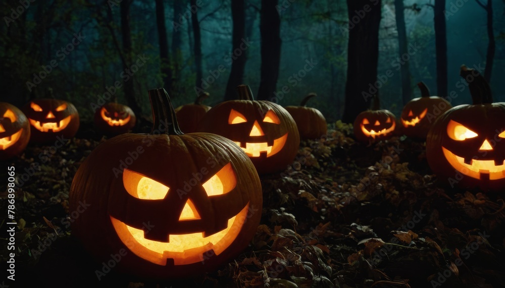 Halloween background with pumpkin Halloween Pumpkins Glowing In The Dark Of A Forest Background Many Pumpkins Carved In A Dark Forest Background Halloween background with pumpkin Halloween Pumpkins Glowing In The Dark Of A Forest Background Many Pumpkins Carved In A Dark Forest Background