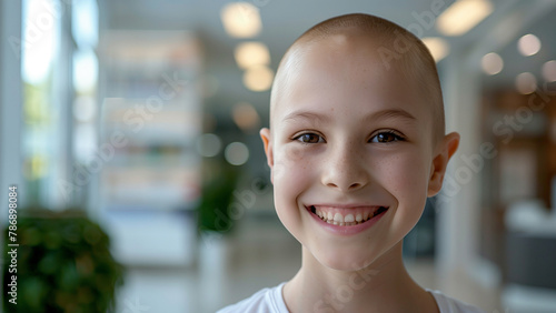 Happy cancer patient. Smiling girl after chemotherapy treatment at hospital oncology department
