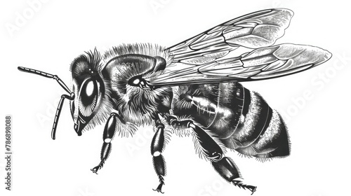 Illustrate the graceful flight of a honey bee through a vector engraving on a clean white background. © lara