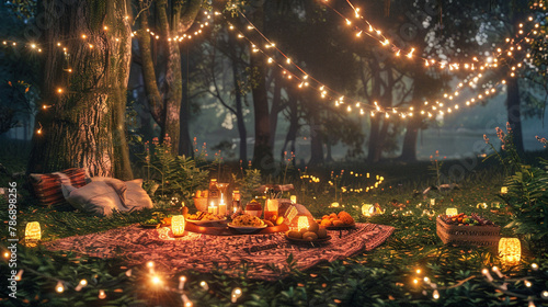 An enchanting forest glade transformed into a magical picnic setting, with fairy lights twinkling in the trees and a spread of delectable treats awaiting hungry picnickers. photo