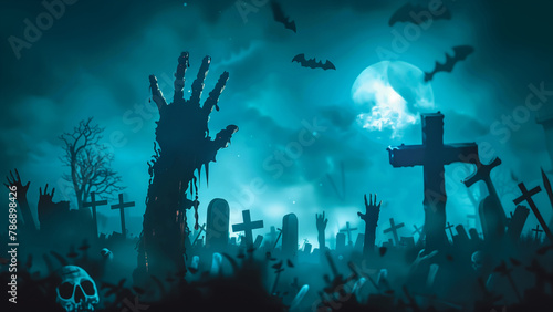 Halloween background with scary zombie hand, moon and graveyard