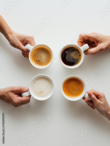 A diverse group of people joyfully holding cups of coffee in their hands