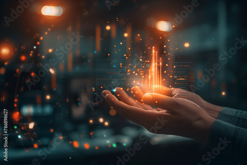 A hand interacts with a futuristic holographic stock market chart, signifying advanced financial analytics. showcasing the future of market analysis and trading technology. © Nudphon