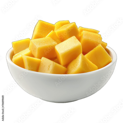 Mango cubes in bowl isolated on white background