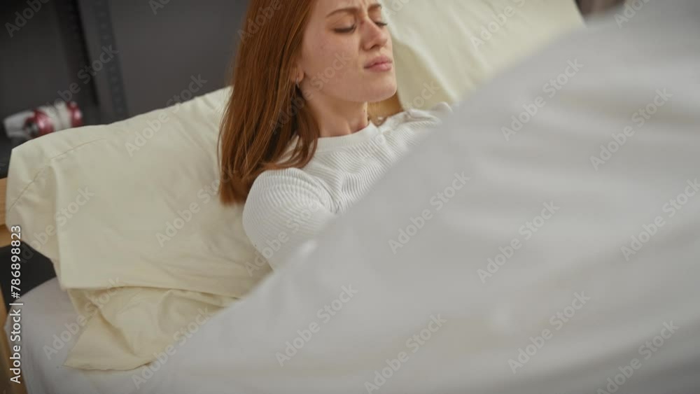A young redhead woman relaxes on a bed in a well-lit modern bedroom, evoking a sense of comfort and leisure at home. A young redhead woman relaxes on a bed in a well-lit modern bedroom, evoking a sense of comfort and leisure at home.