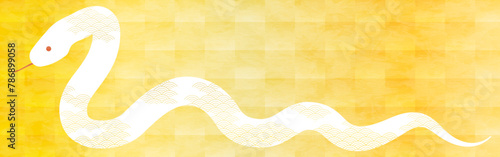 2025年巳年の年賀状素材、蛇と金色の和風背景