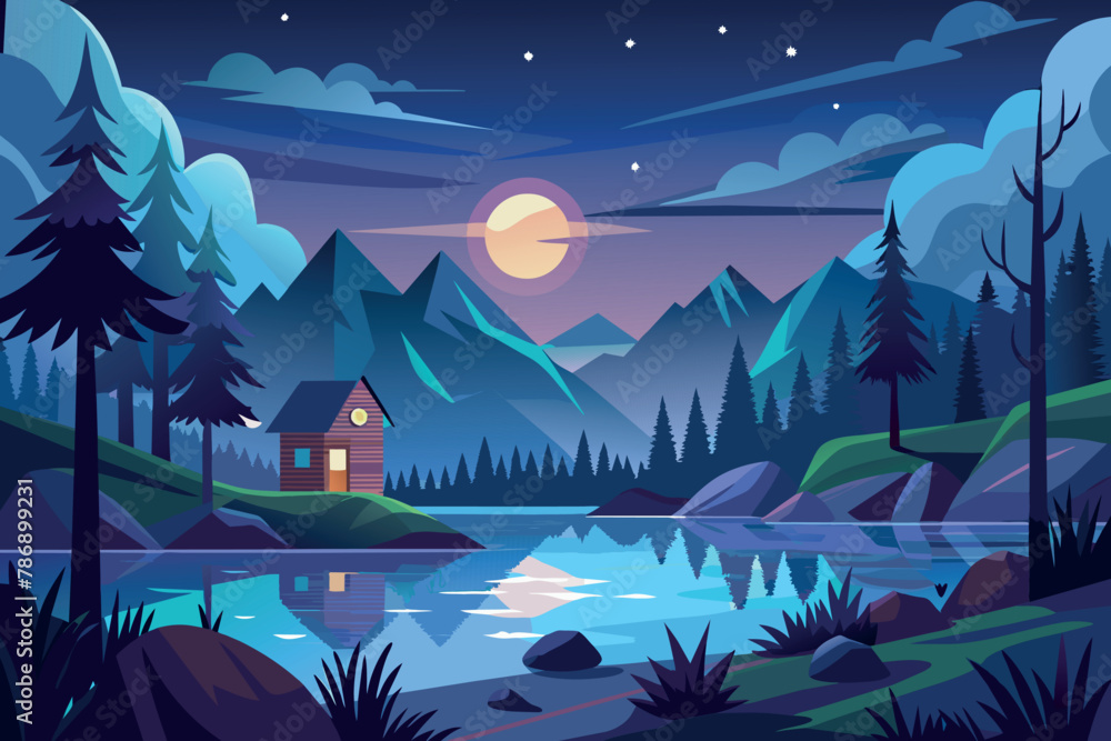 Fototapeta premium Night Lake landscape cartoon vector Illustration flat style artwork concept