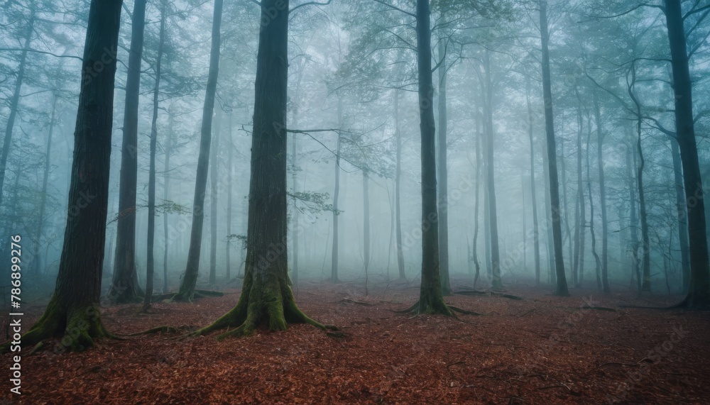 Mysterious forest with a moonlit path fog and a Halloween backdrop hint Mysterious forest with a moonlit path fog and a Halloween backdrop hint