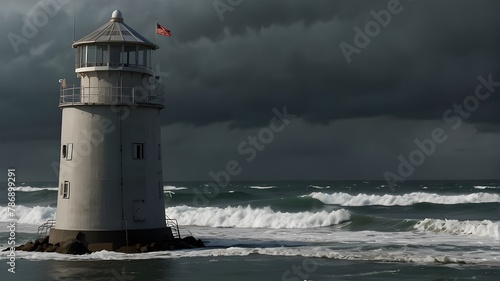 A sleek, contemporary tower with tsunami alert horns attached on it that effectively communicate disaster information by using solar power is shown against the backdrop of an approaching storm wave.