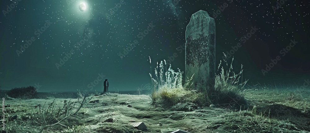 A lonely tombstone in a quiet cemetery at night. - obrazy, fototapety, plakaty 
